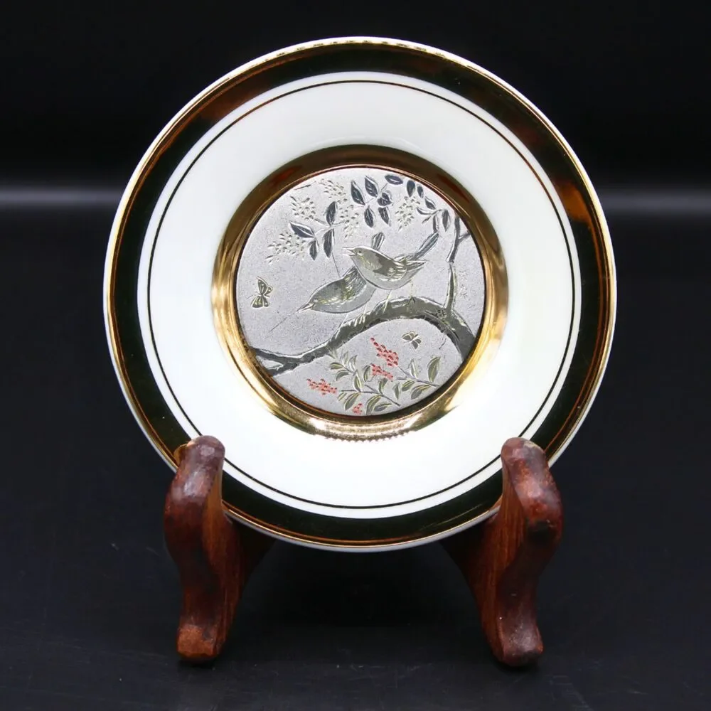 Vintage Chokin Art Plate Lovebirds Butterflies Japan 24K Gold Trim Mini Display